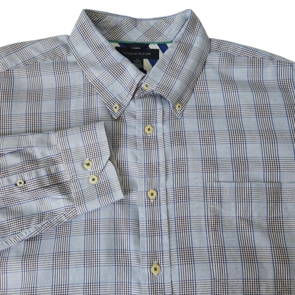 Tommy Hilfiger Mens Glen Plaid Dress Shirt XL Blue Multicolor Two-Ply Cotton
